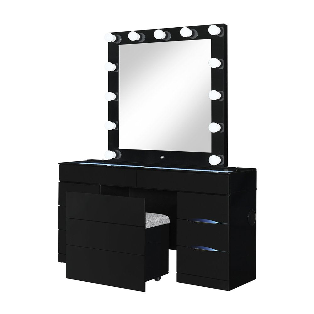 62" Black Wood And Glass Six Drawer Vanity Table With Mirror Seating And Lights