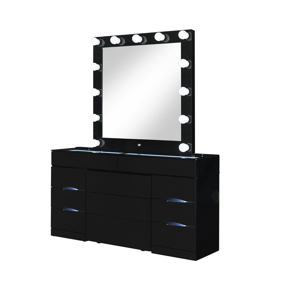 62" Black Wood And Glass Six Drawer Vanity Table With Mirror Seating And Lights