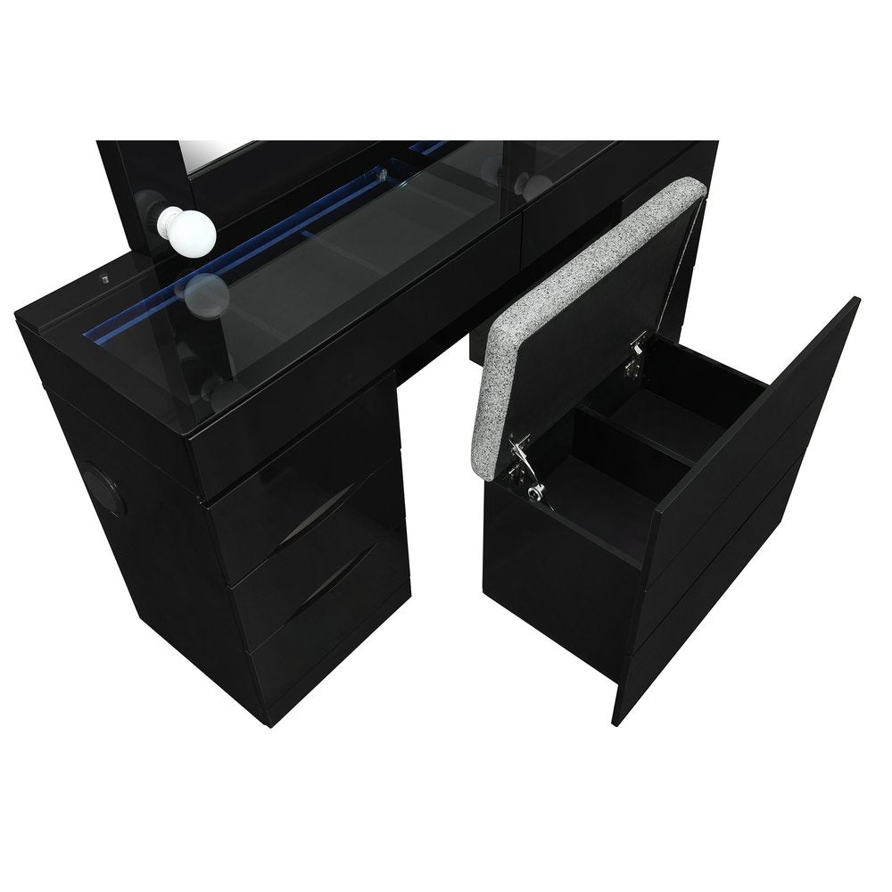 62" Black Wood And Glass Six Drawer Vanity Table With Mirror Seating And Lights