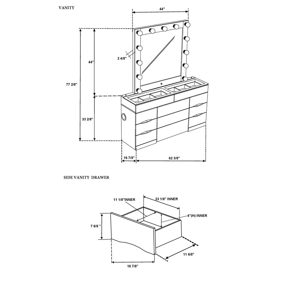 62" Black Wood And Glass Six Drawer Vanity Table With Mirror Seating And Lights