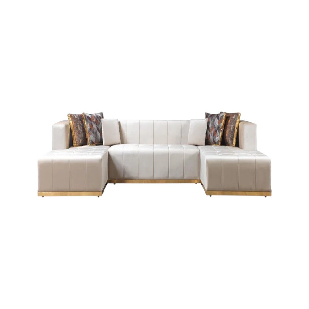 Ivory Velvet U Shaped Three Piece Sofa and Chaise Sectional With Toss Pillows