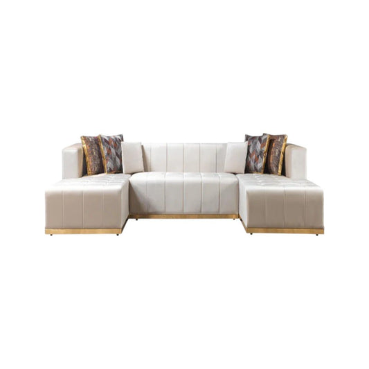 Ivory Velvet U Shaped Three Piece Sofa and Chaise Sectional With Toss Pillows