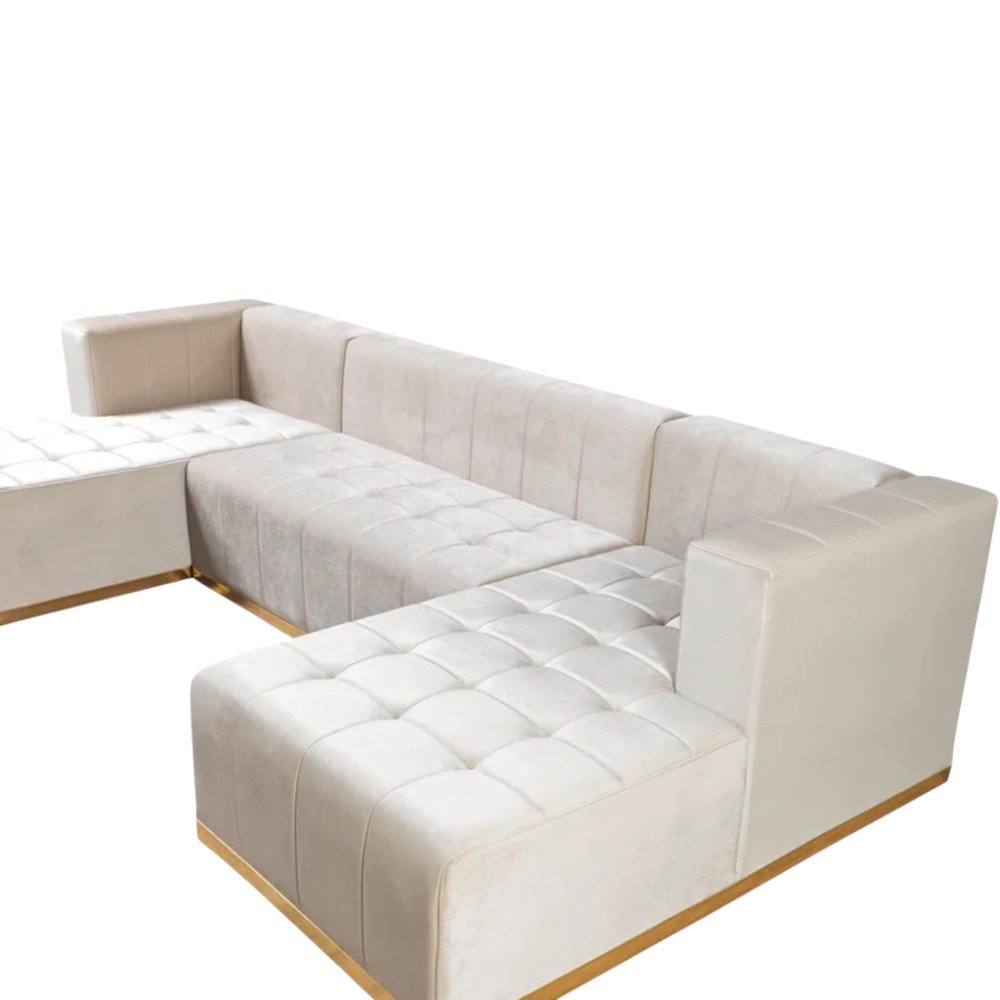 Ivory Velvet U Shaped Three Piece Sofa and Chaise Sectional With Toss Pillows