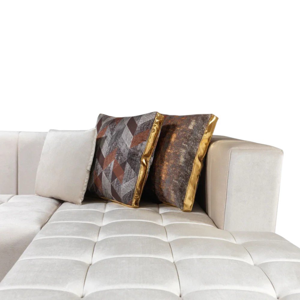 Ivory Velvet U Shaped Three Piece Sofa and Chaise Sectional With Toss Pillows