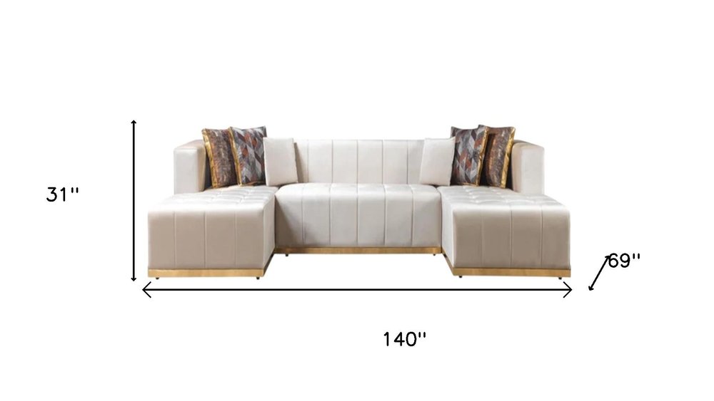 Ivory Velvet U Shaped Three Piece Sofa and Chaise Sectional With Toss Pillows