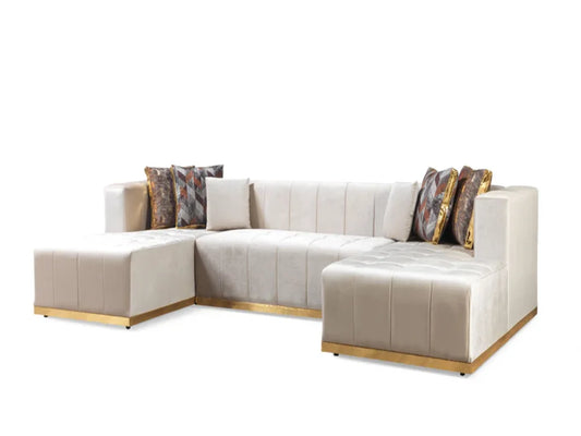 Ivory Velvet U Shaped Three Piece Sofa and Chaise Sectional With Toss Pillows