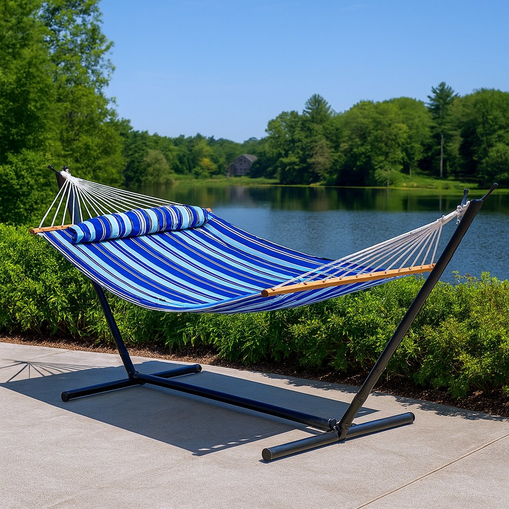 Light Blue And Dark Blue Striped Double Hammock