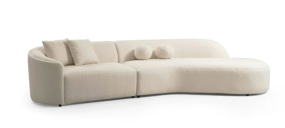 Ivory Boucle Modular Curved Two Piece Sofa and Chaise Sectional With Toss Pillows