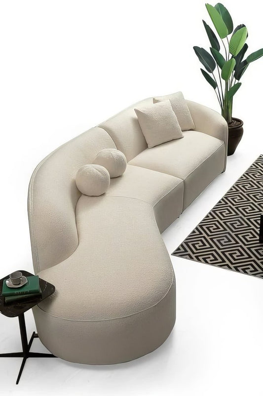 Ivory Boucle Modular Curved Two Piece Sofa and Chaise Sectional With Toss Pillows
