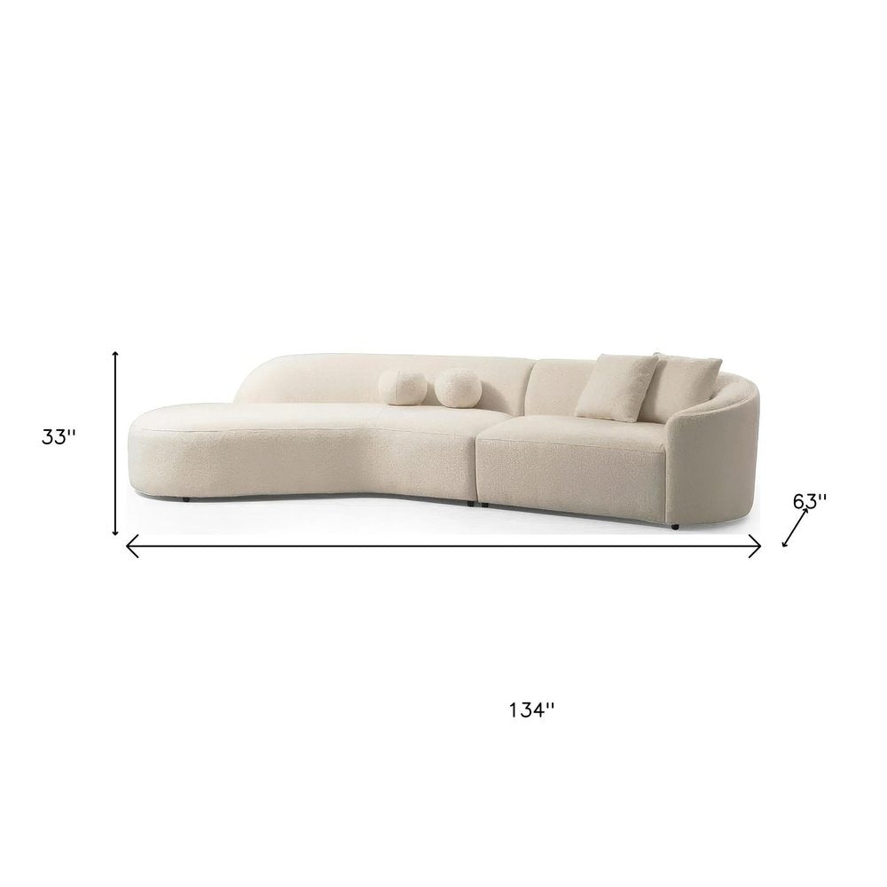 Ivory Boucle Modular Curved Two Piece Sofa and Chaise Sectional With Toss Pillows