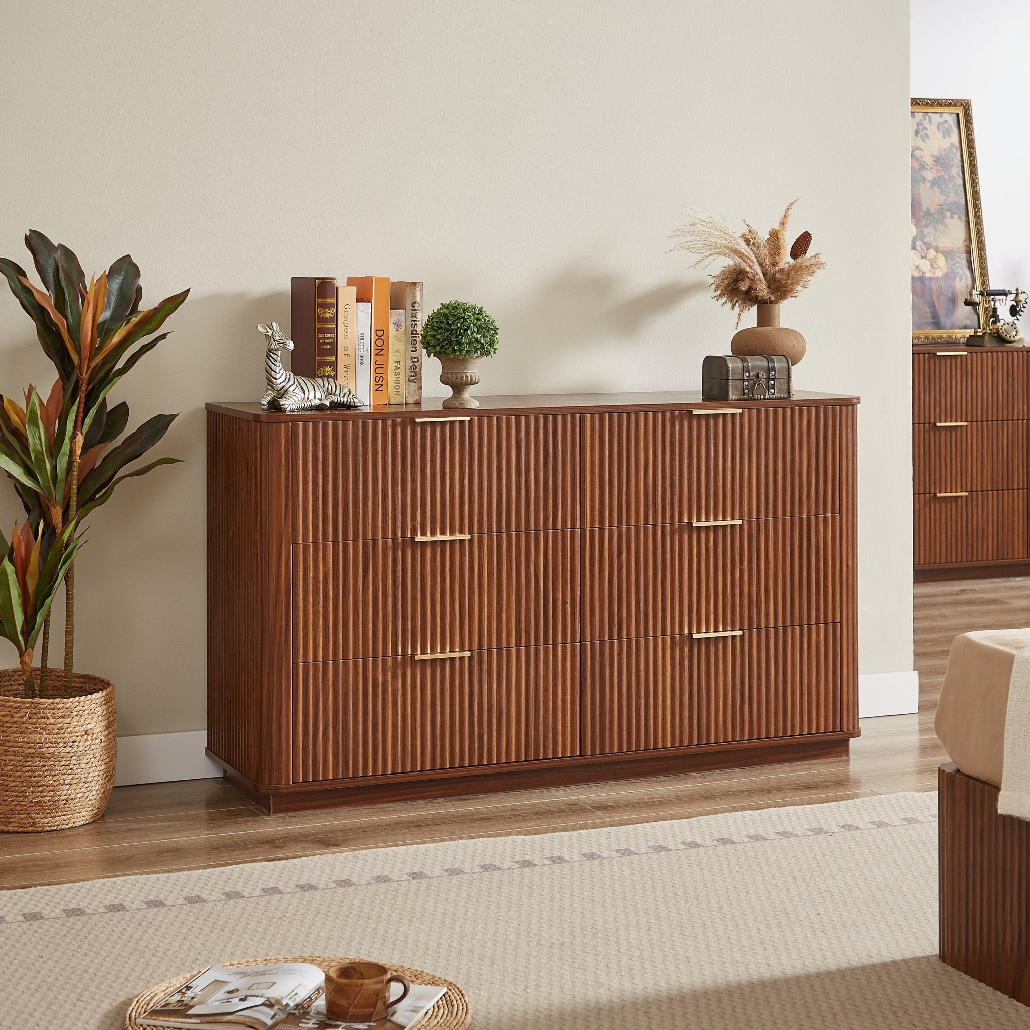 Walnut Wave six-drawer dresser and TV stand from Anthony & Home, 55-inch wide with a curved profile in the Studio Collection.