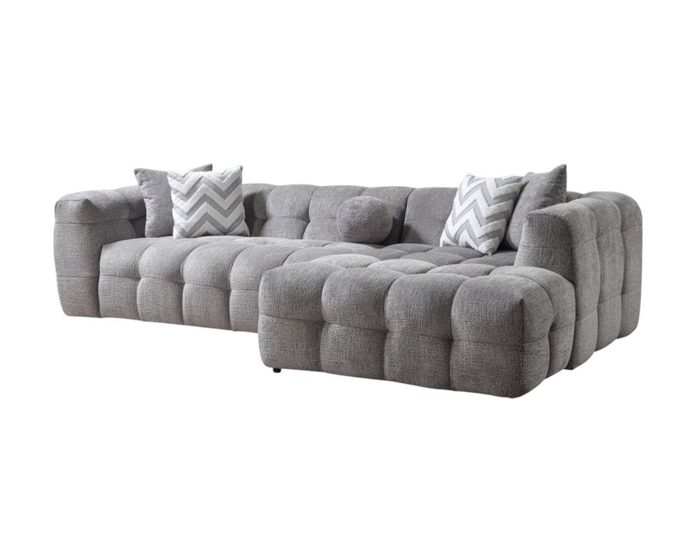 Light Gray Boucle L Shaped Two Piece Sofa and Chaise Sectional With Toss Pillows
