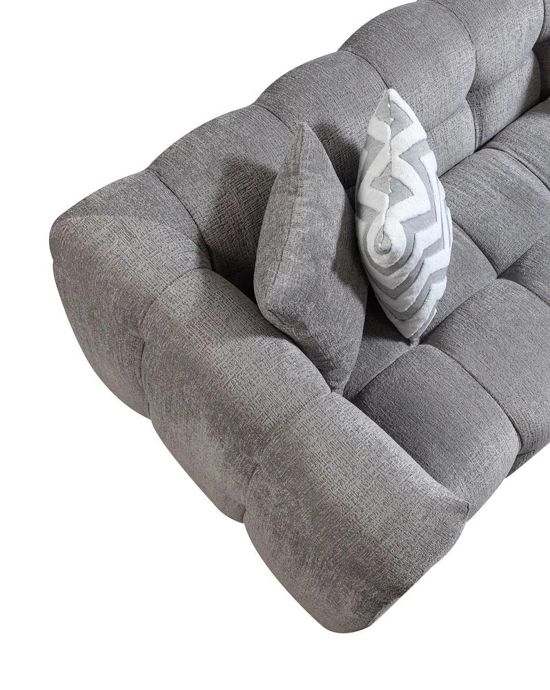 Light Gray Boucle L Shaped Two Piece Sofa and Chaise Sectional With Toss Pillows
