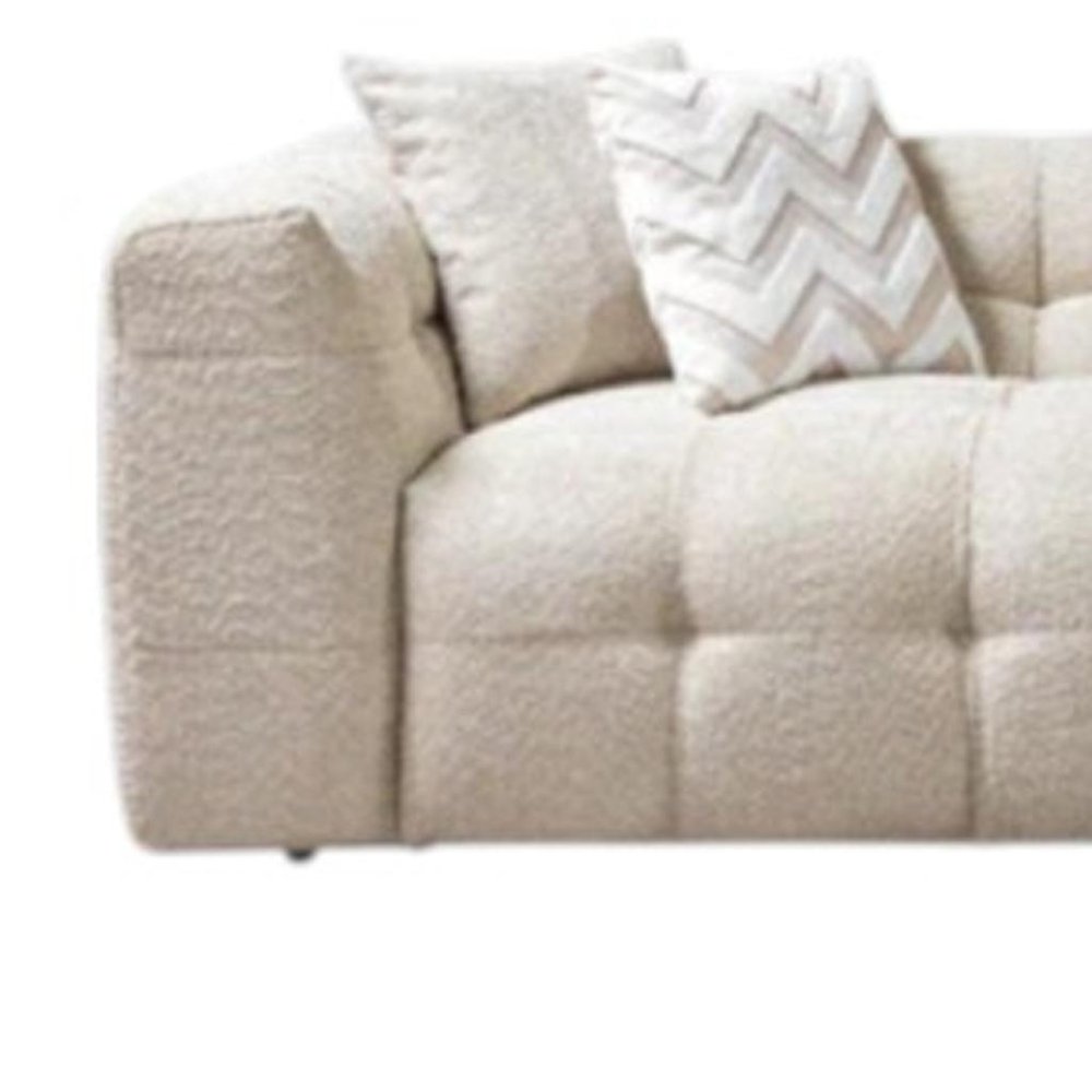 Ivory Boucle L Shaped Two Piece Sofa and Chaise Sectional With Toss Pillows