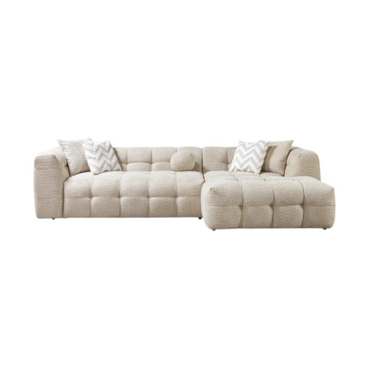 Ivory Boucle L Shaped Two Piece Sofa and Chaise Sectional With Toss Pillows