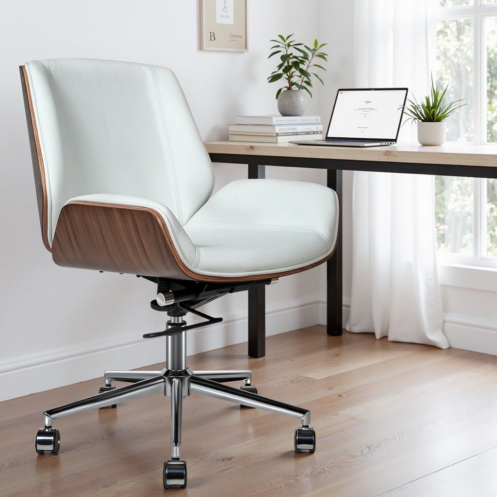 White Silver and Walnut Adjustable Height Swivel Rolling Conference Office Chair
