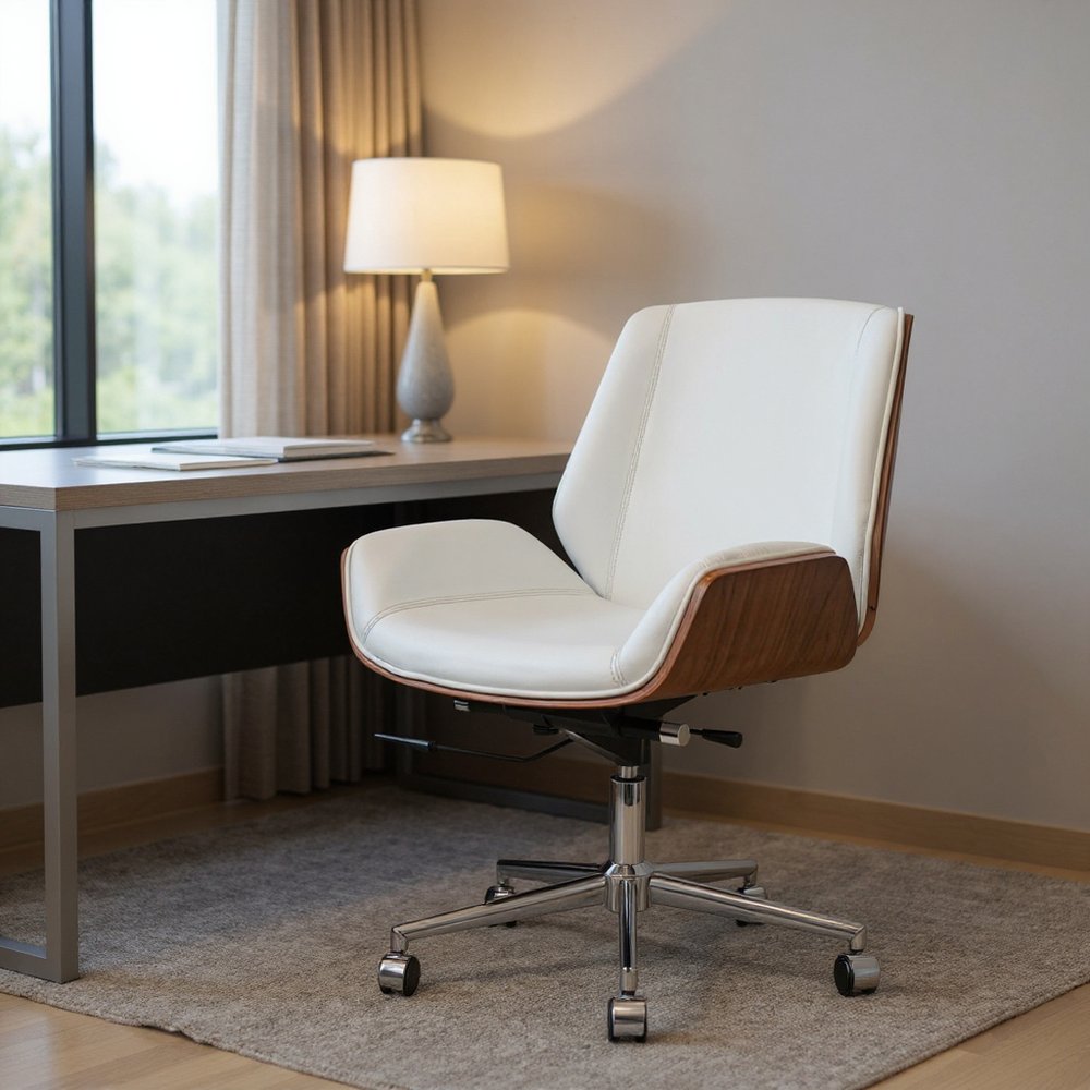 White Silver and Walnut Adjustable Height Swivel Rolling Conference Office Chair