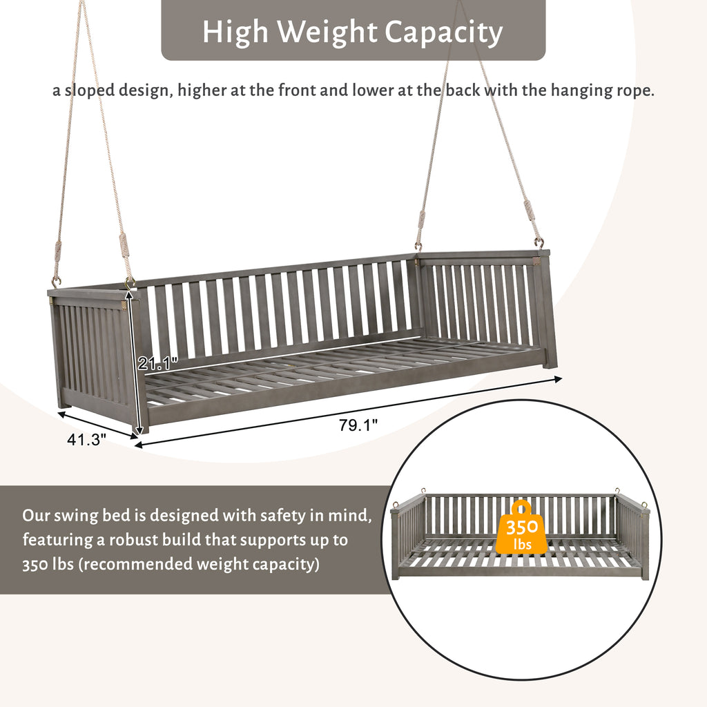 Twin size solid wood garden swing bed with rope support, designed for outdoor relaxation, by Anthony & Home.