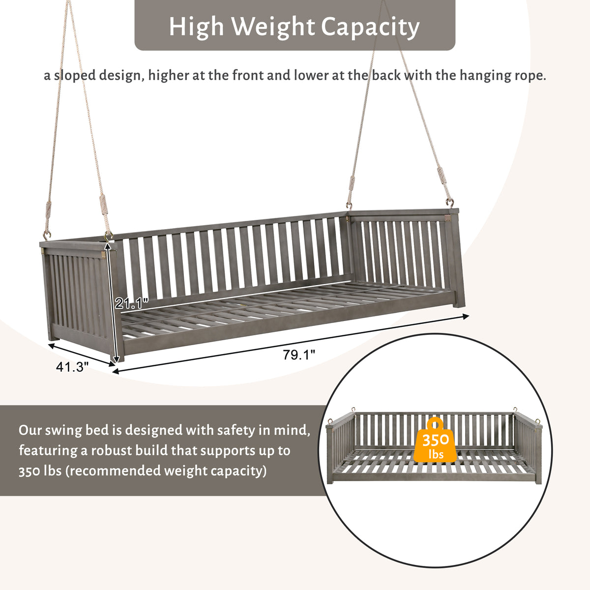 Twin size solid wood garden swing bed with rope support, designed for outdoor relaxation, by Anthony & Home.