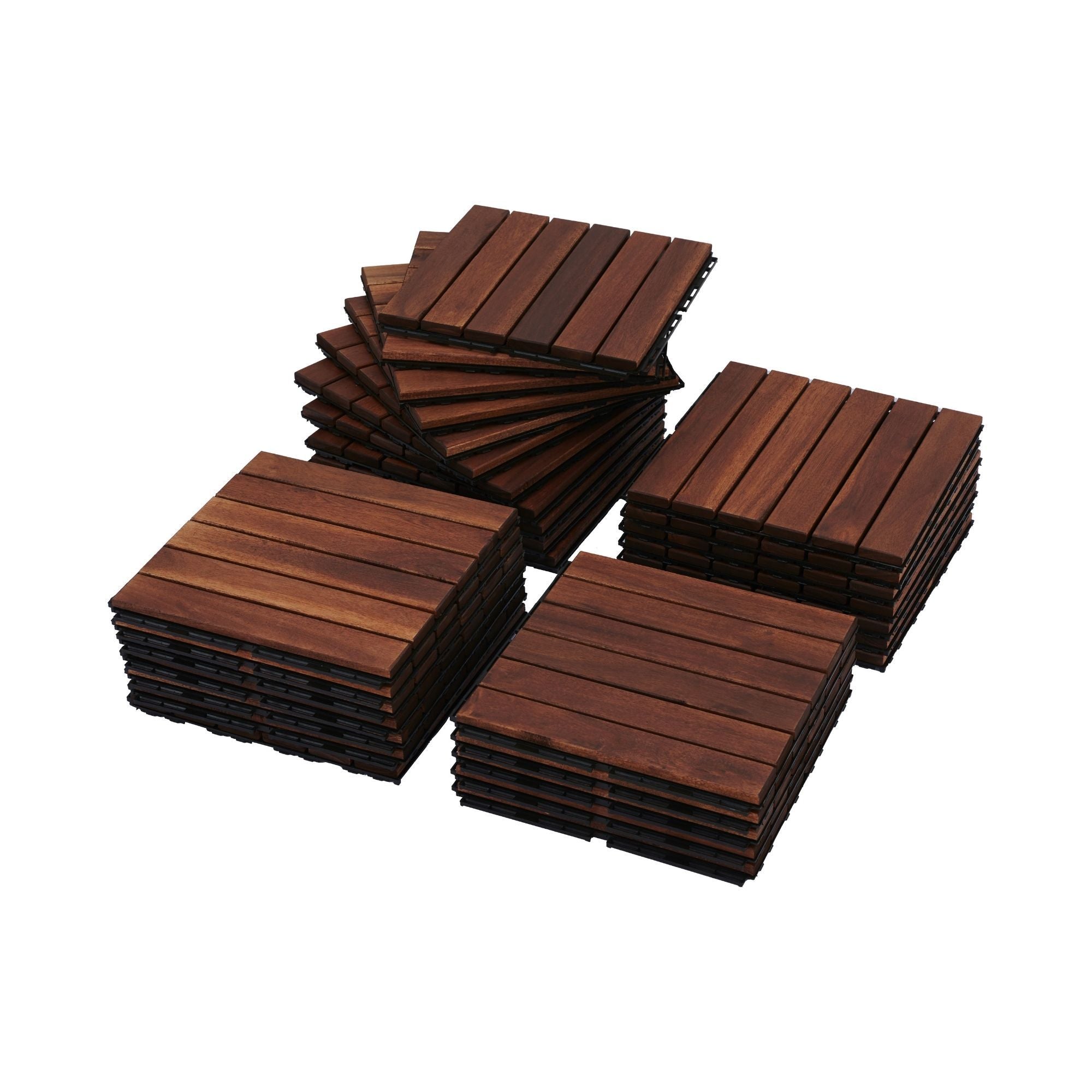 Anthony & Home Acacia Studio Interlocking Deck Tiles in striped pattern, 12-inch outdoor flooring for patios or decks.