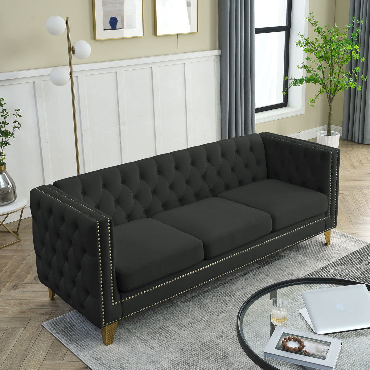 Black Atelier Velvet Tufted 3-Seater Sofa with metal legs by Anthony & Home, showcasing plush tufted upholstery and modern design.