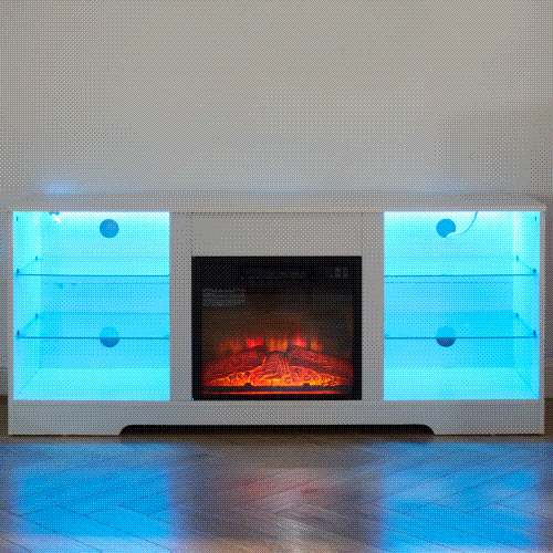 Anthony & Home electric fireplace TV stand with glass shelves, modern design, and built-in electric fireplace for cozy living rooms.