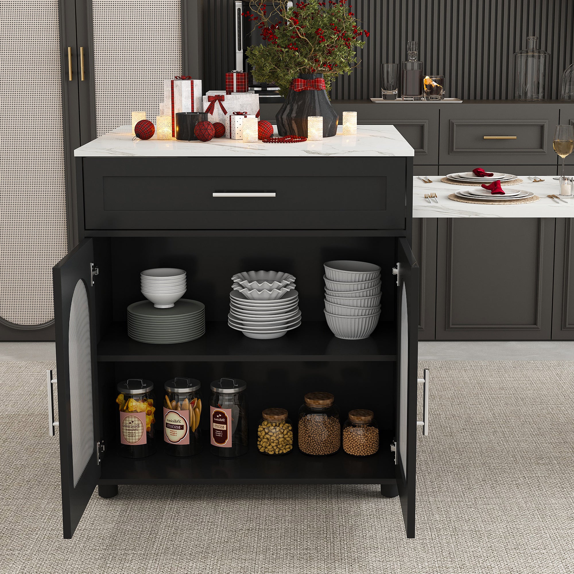 Anthony & Home Studio Marble-Grain Countertop Expandable Kitchen Island with wooden base and spacious surface for cooking and prep.
