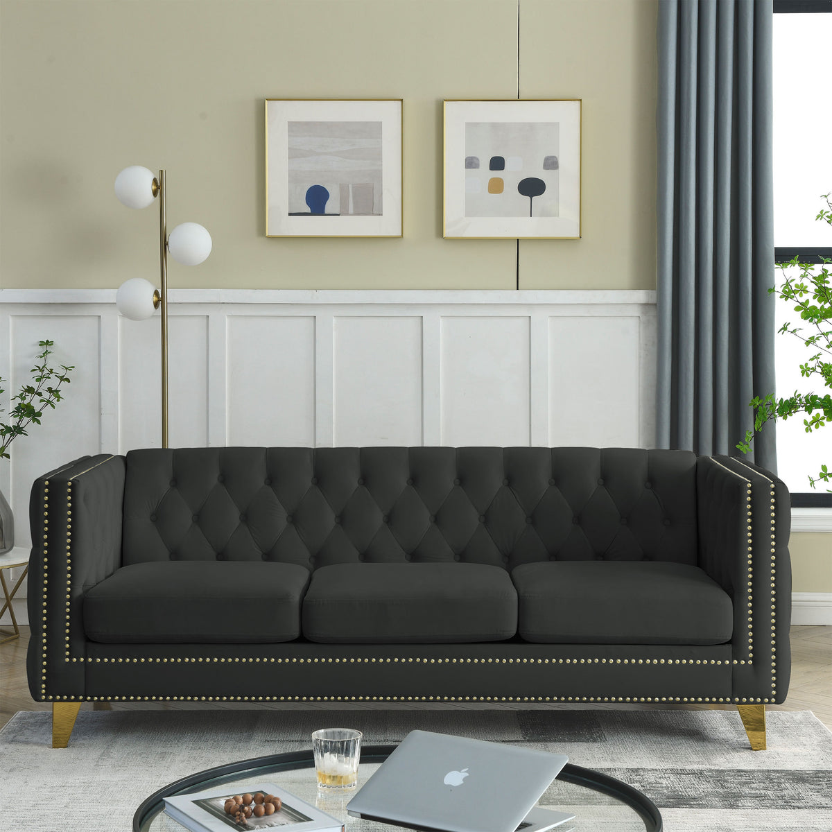 Black Atelier Velvet Tufted 3-Seater Sofa with metal legs by Anthony & Home, showcasing plush velvet upholstery and modern design.