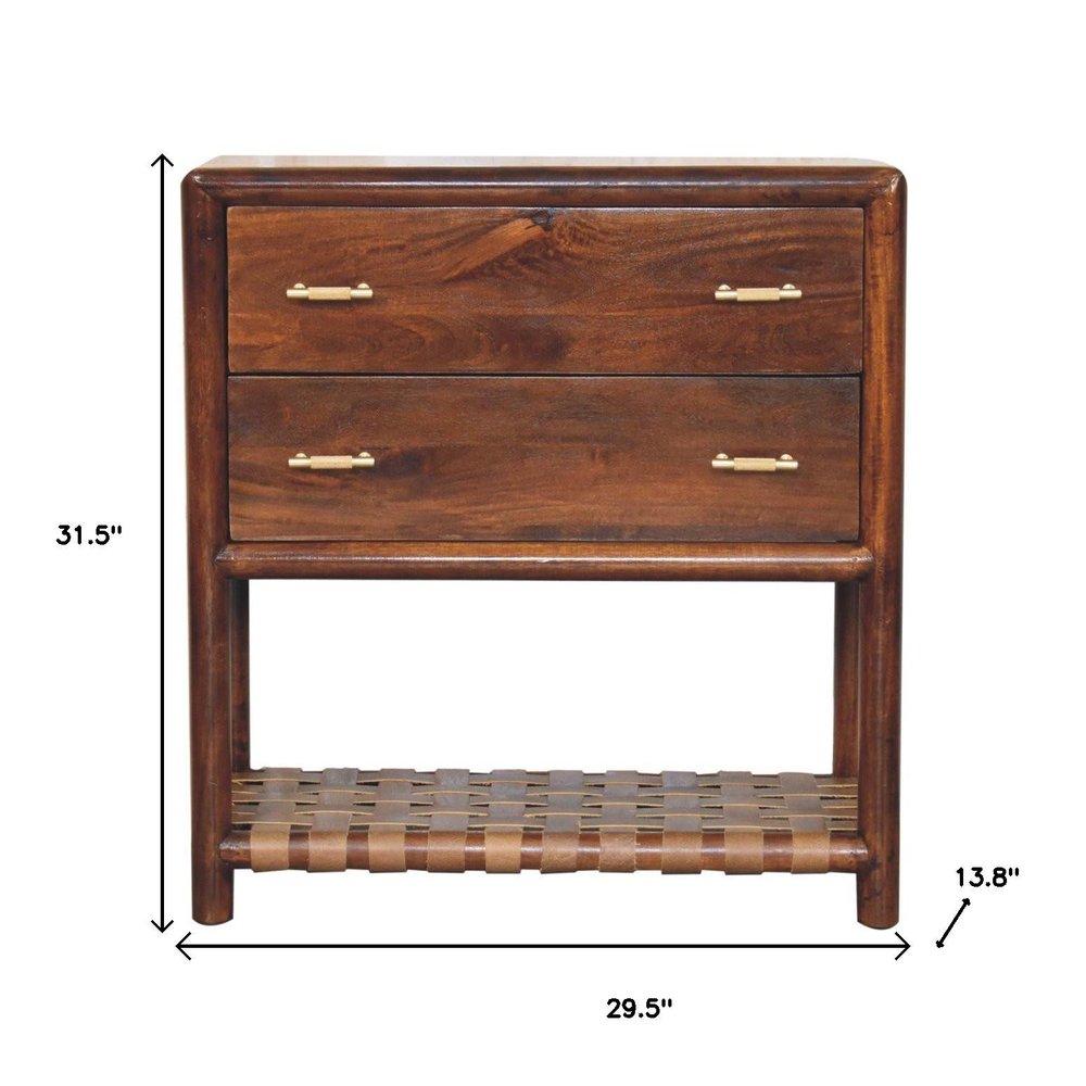 32" Brown Solid Wood Two Drawer Nightstand With Leather Shelf