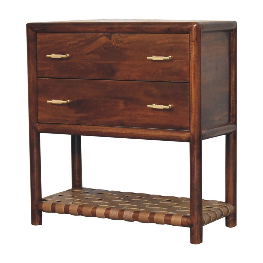 32" Brown Solid Wood Two Drawer Nightstand With Leather Shelf