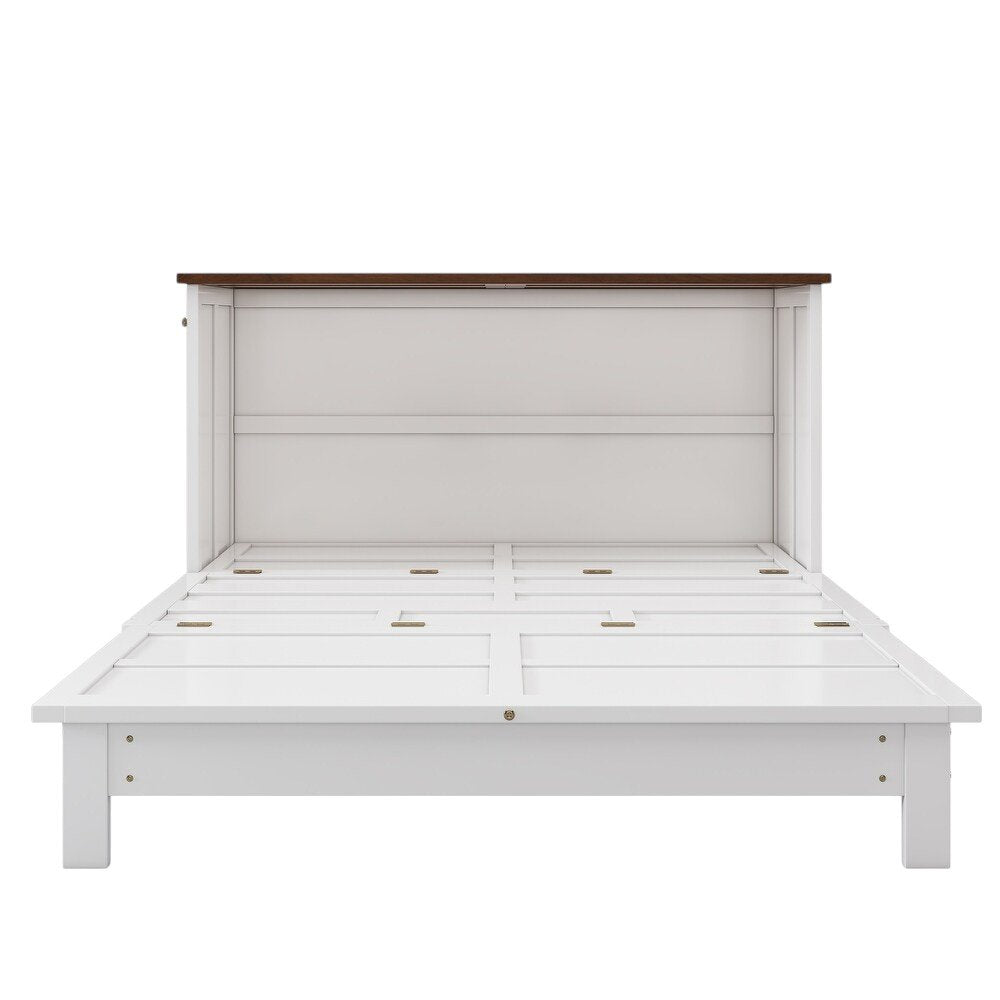White Wood Queen Murphy Bed With USB And Drawer