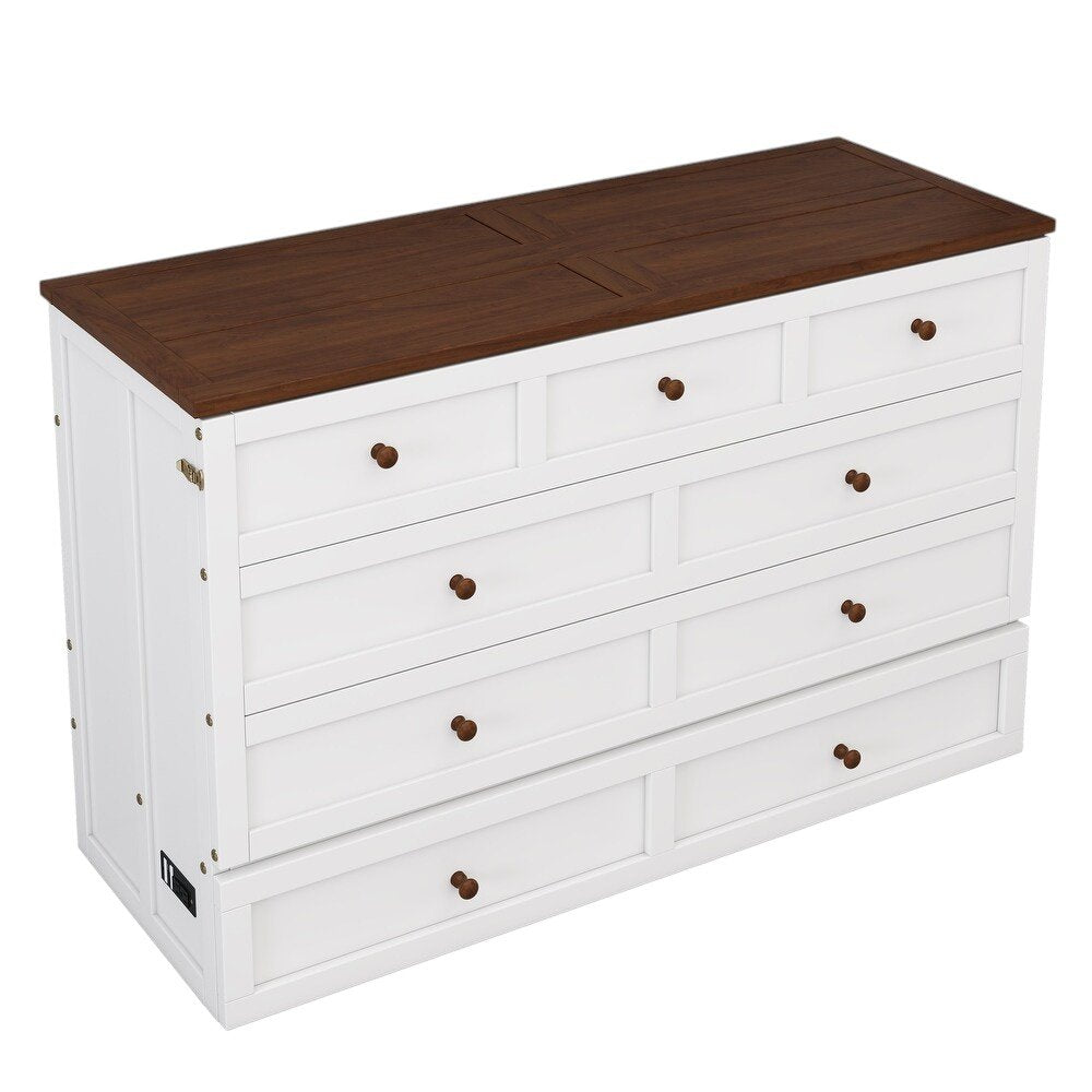 White Wood Queen Murphy Bed With USB And Drawer