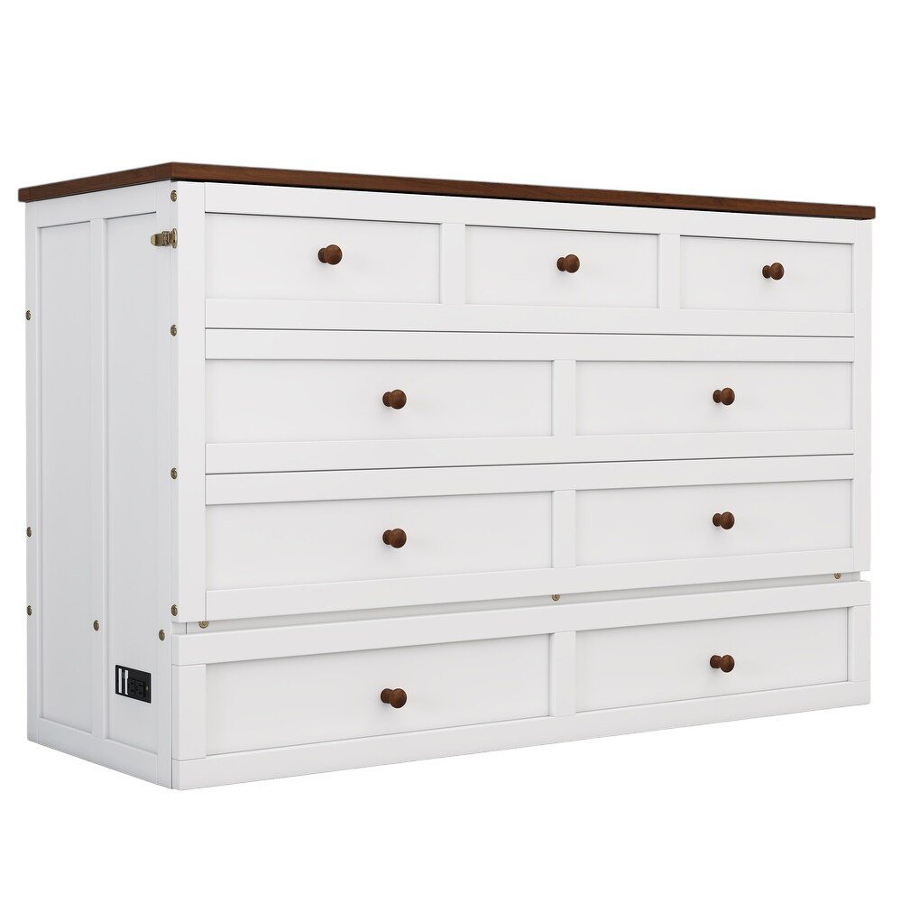 White Wood Queen Murphy Bed With USB And Drawer