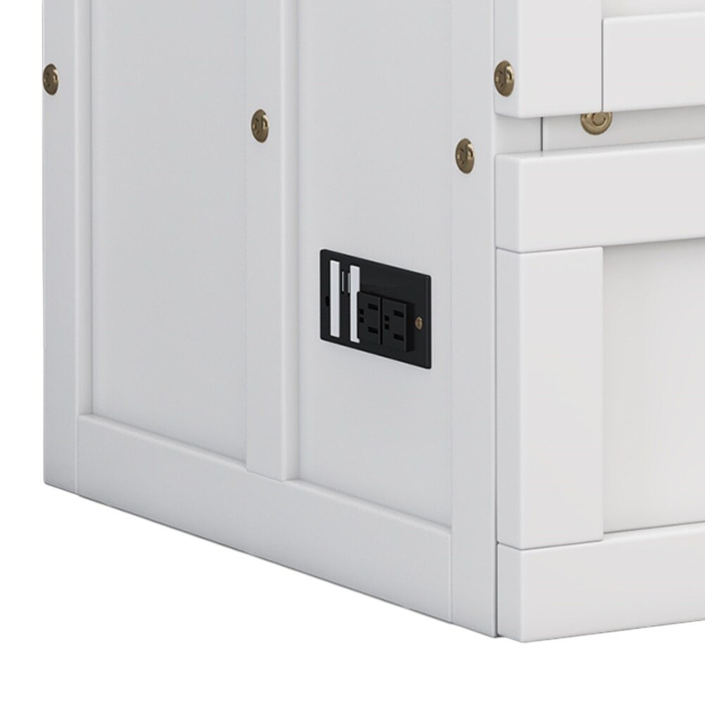 White Wood Queen Murphy Bed With USB And Drawer