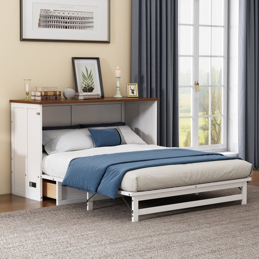 White Wood Queen Murphy Bed With USB And Drawer - Anthony & Home