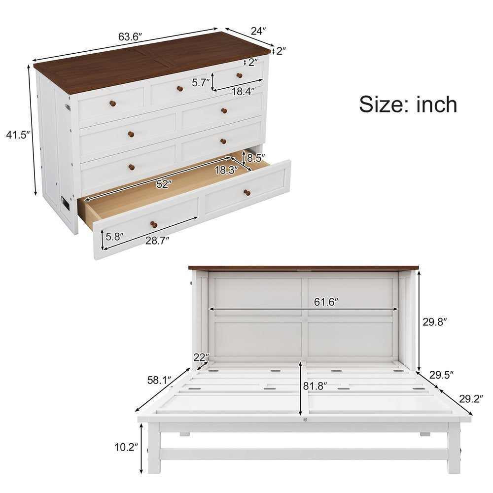 White Wood Queen Murphy Bed With USB And Drawer - Anthony & Home
