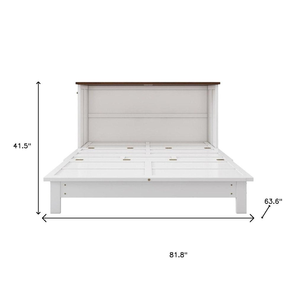 White Wood Queen Murphy Bed With USB And Drawer