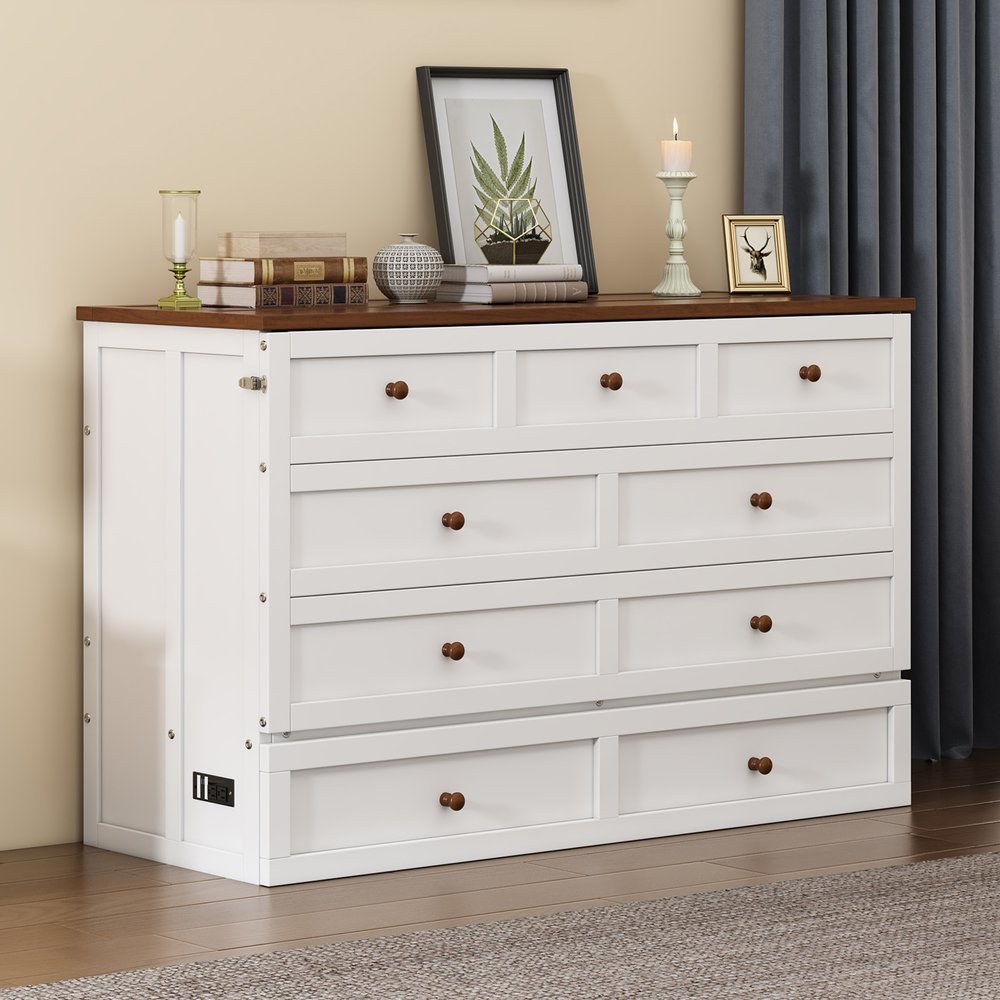 White Wood Queen Murphy Bed With USB And Drawer
