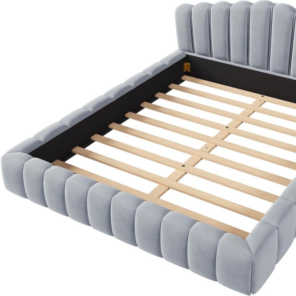 Light Blue Tufted Velvet Upholstered Queen Bed Frame