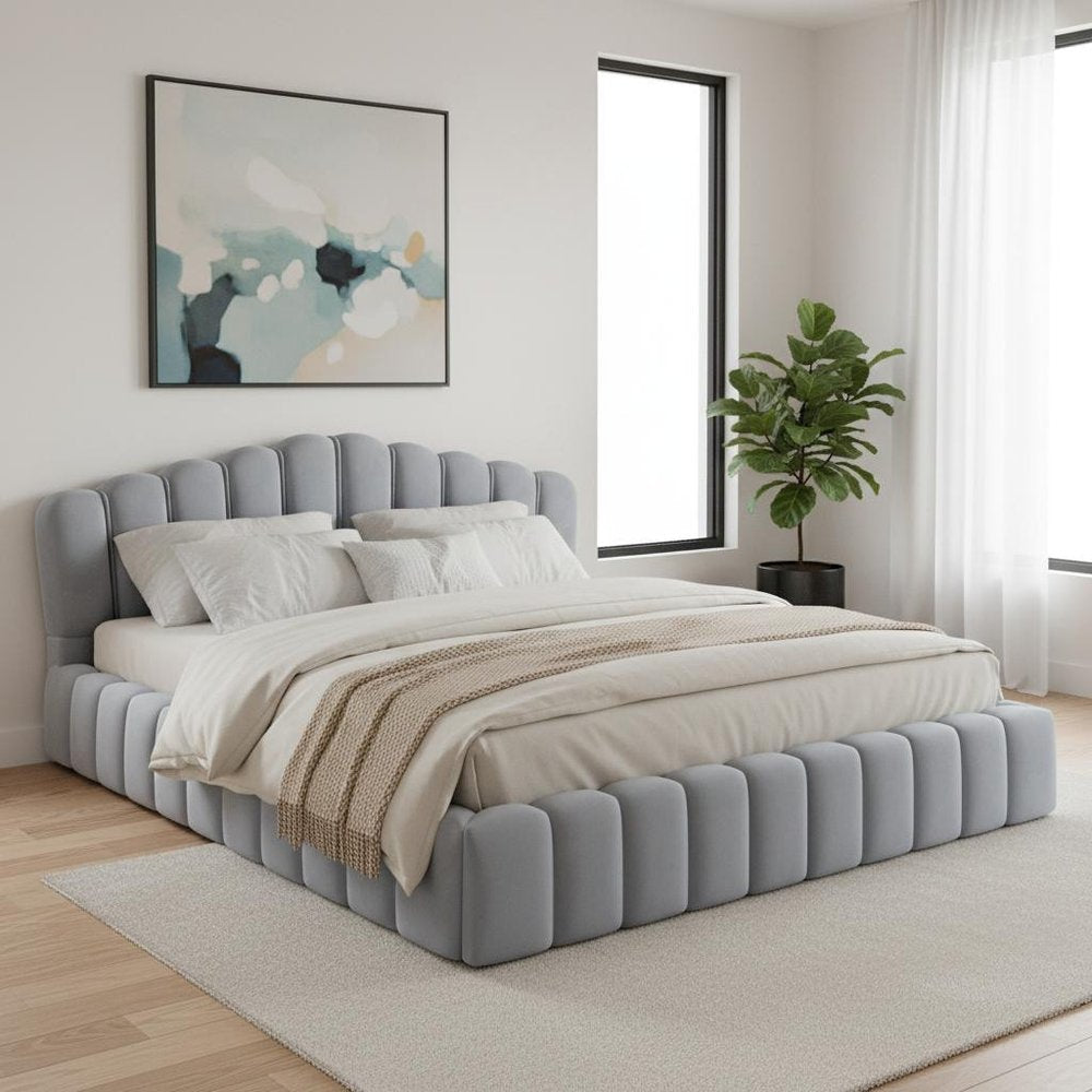 Light Blue Tufted Velvet Upholstered Queen Bed Frame