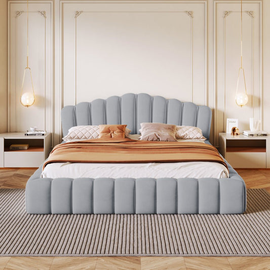 Light Blue Tufted Velvet Upholstered Queen Bed Frame