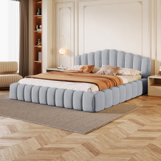 Light Blue Tufted Velvet Upholstered Queen Bed Frame