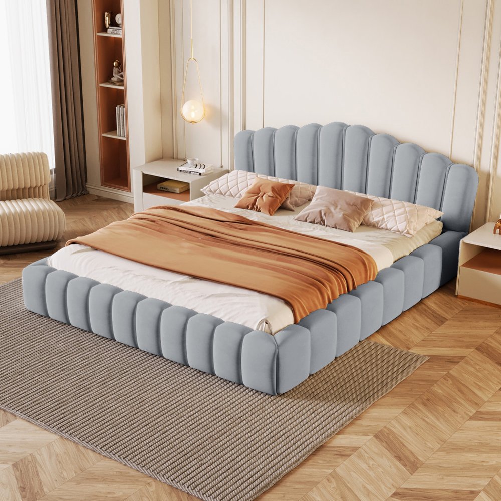 Light Blue Tufted Velvet Upholstered Queen Bed Frame