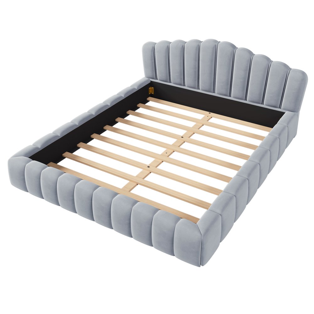 Light Blue Tufted Velvet Upholstered Queen Bed Frame