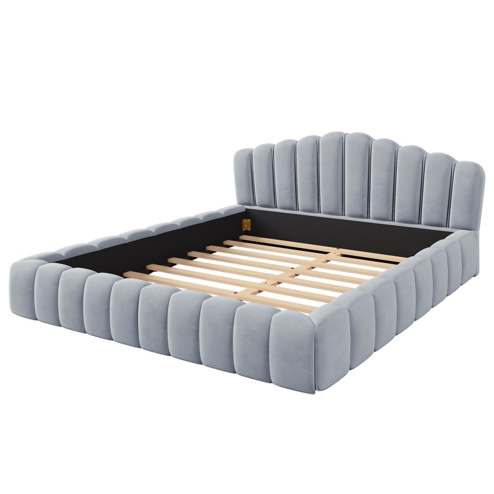 Light Blue Tufted Velvet Upholstered Queen Bed Frame