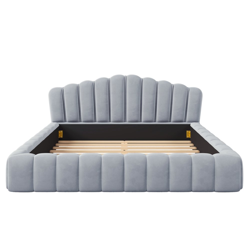 Light Blue Tufted Velvet Upholstered Queen Bed Frame