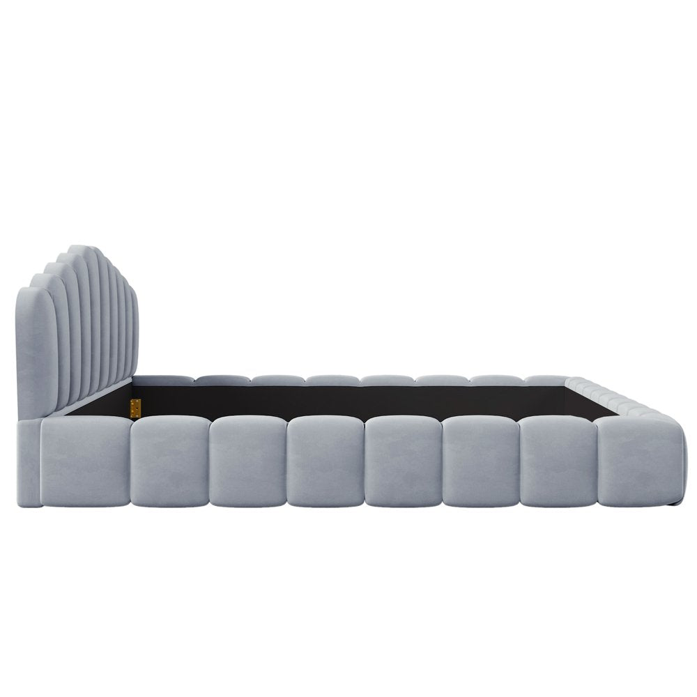 Light Blue Tufted Velvet Upholstered Queen Bed Frame