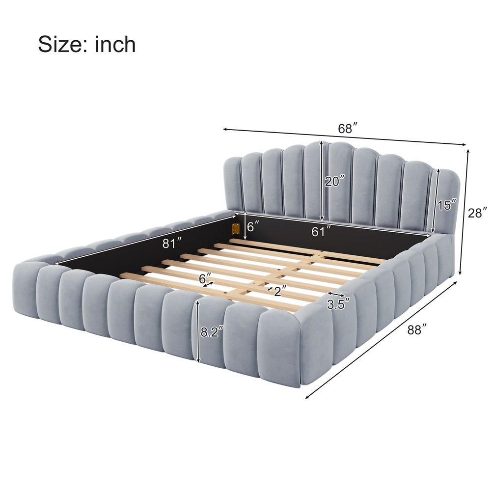 Light Blue Tufted Velvet Upholstered Queen Bed Frame