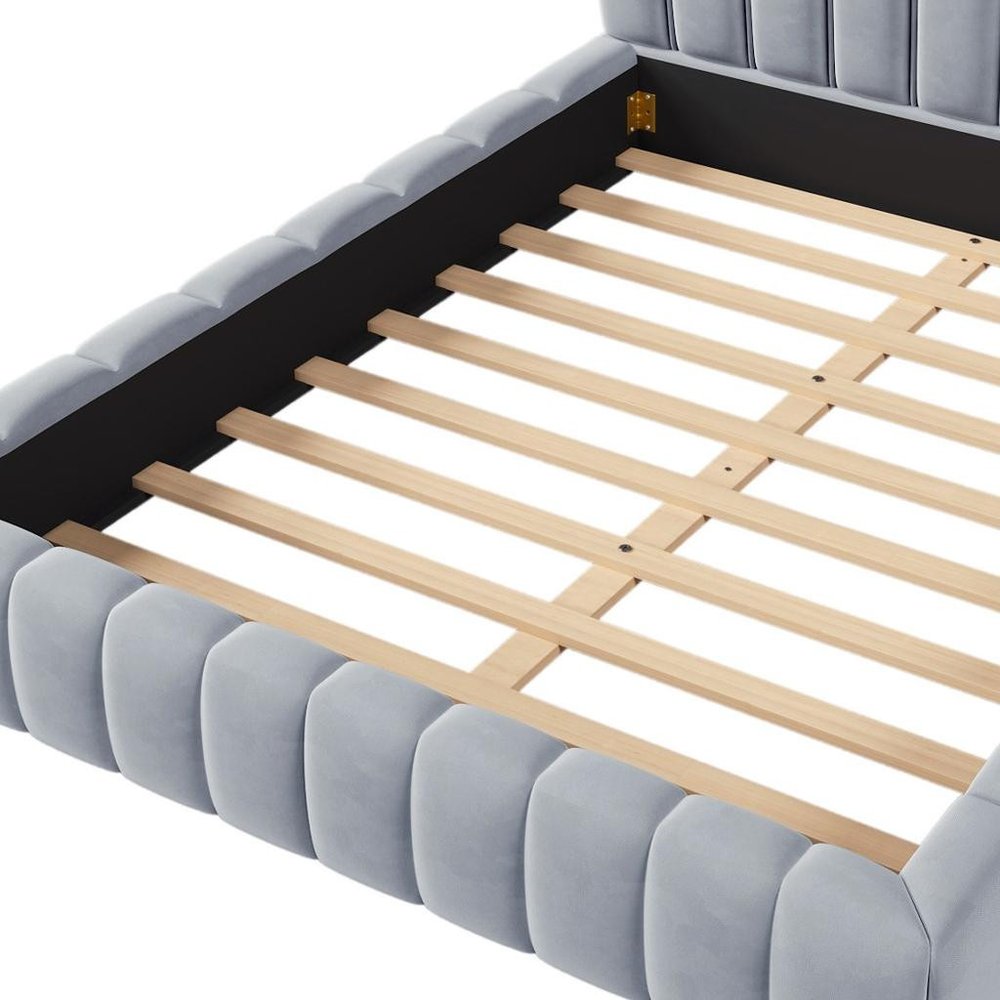 Light Blue Tufted Velvet Upholstered Queen Bed Frame