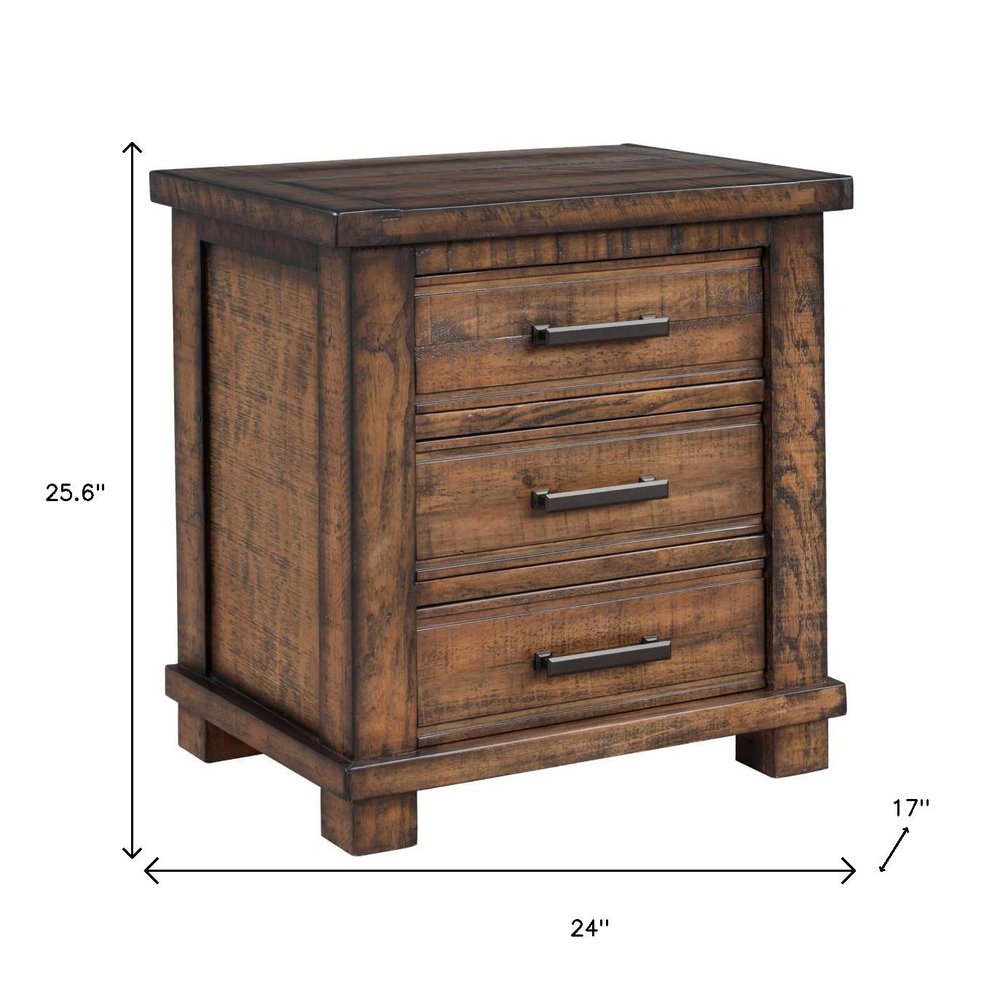 Set of Two 26" Walnut Solid Wood Distressed Three Drawer Nightstand